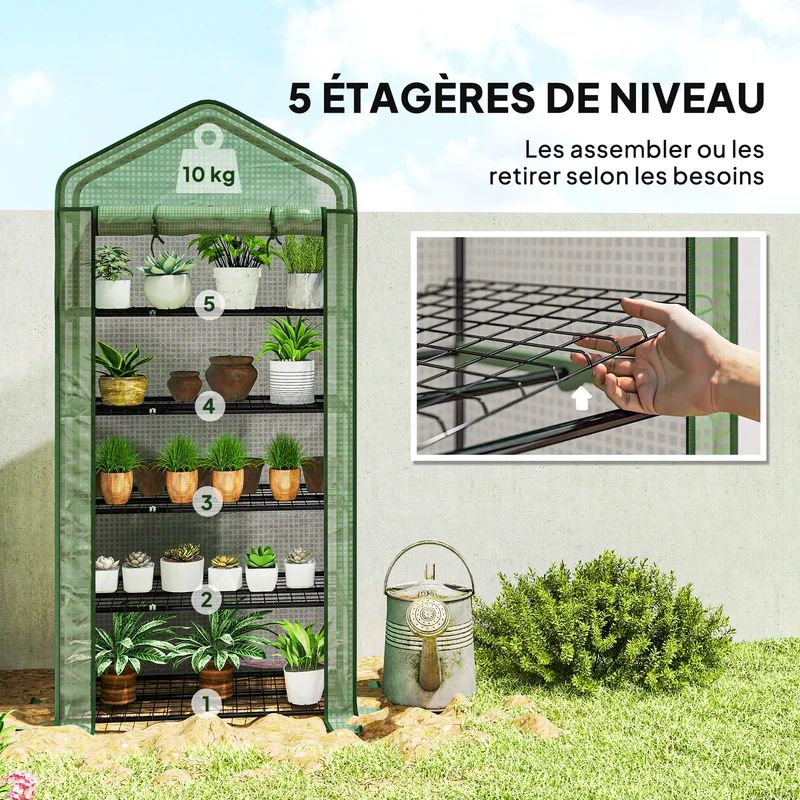 Mini serre de jardin 90 x 49 x 193 cm 5 étagères porte enroulable moderne épuré idéale pour balcon en polyéthylène vert 21_0004347