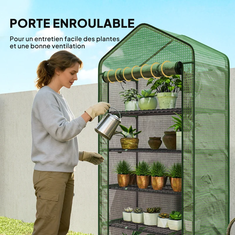 Mini serre de jardin 90 x 49 x 193 cm 5 étagères porte enroulable moderne épuré idéale pour balcon en polyéthylène vert 21_0004347