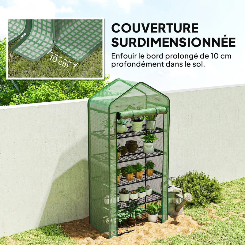 Mini serre de jardin 90 x 49 x 193 cm 5 étagères porte enroulable moderne épuré idéale pour balcon en polyéthylène vert 21_0004347
