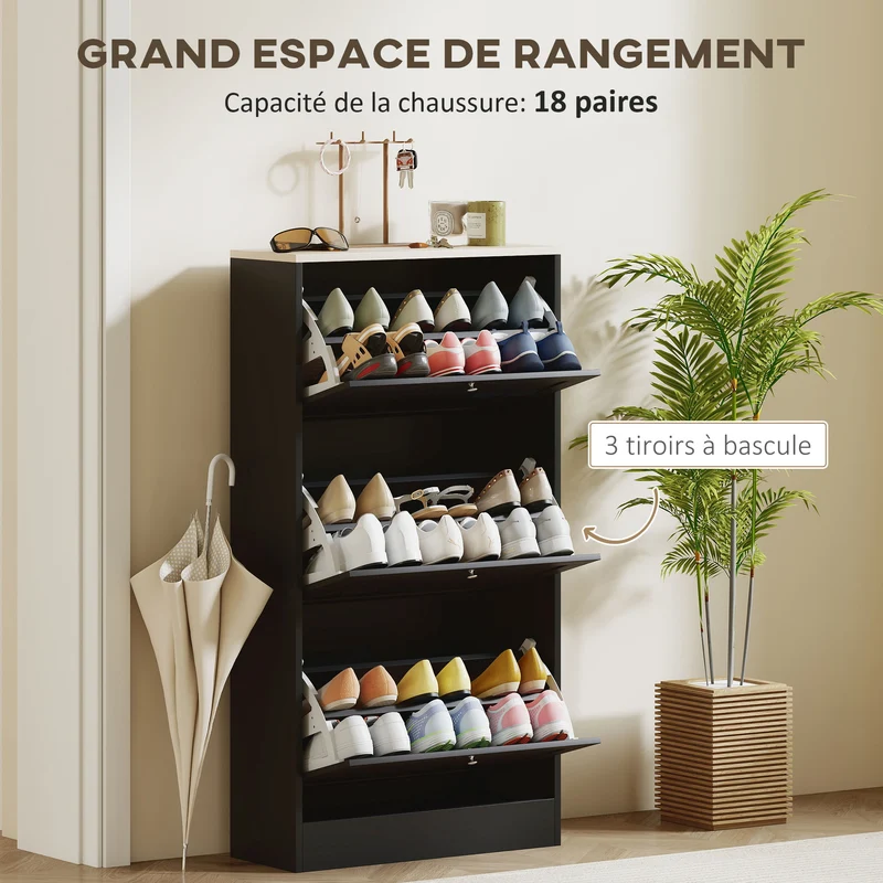 Meuble à chaussures d'entrée 60 x 23,5 x 115 cm 18 paires anti-basculement scandinave en panneau de particules noir 21_0002678