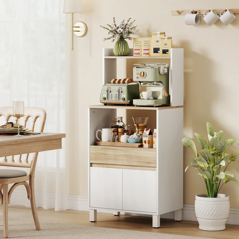 Meuble pour micro-ondes 60 x 40 x 131 cm rangement compact sécurisé avec tiroir scandinave en panneau de particules blanc 21_0003197