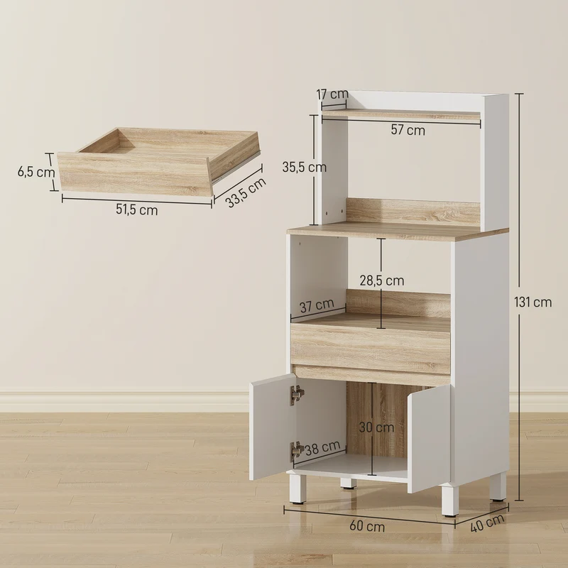 Meuble pour micro-ondes 60 x 40 x 131 cm rangement compact sécurisé avec tiroir scandinave en panneau de particules blanc 21_0003197