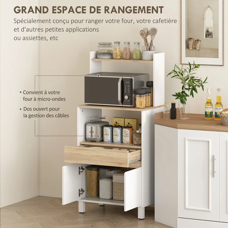 Meuble pour micro-ondes 60 x 40 x 131 cm rangement compact sécurisé avec tiroir scandinave en panneau de particules blanc 21_0003197