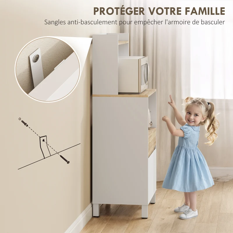 Meuble pour micro-ondes 60 x 40 x 131 cm rangement compact sécurisé avec tiroir scandinave en panneau de particules blanc 21_0003197