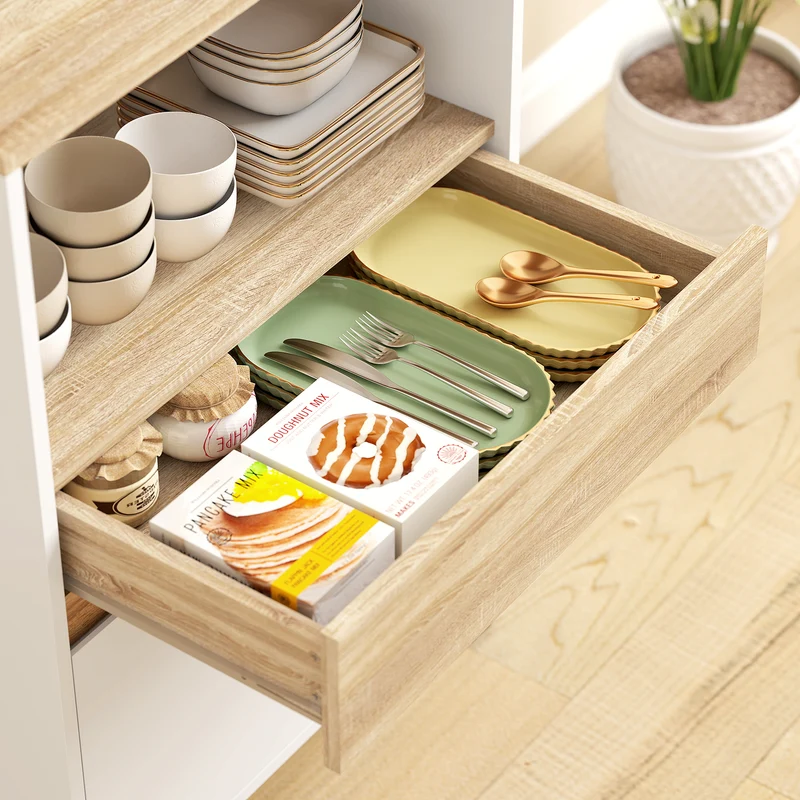 Meuble pour micro-ondes 60 x 40 x 131 cm rangement compact sécurisé avec tiroir scandinave en panneau de particules blanc 21_0003197