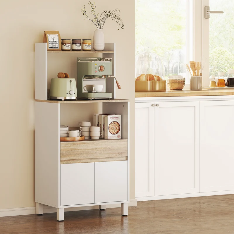 Meuble pour micro-ondes 60 x 40 x 131 cm rangement compact sécurisé avec tiroir scandinave en panneau de particules blanc 21_0003197