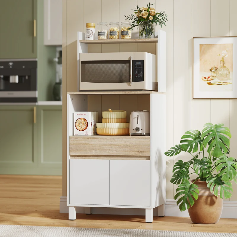 Meuble pour micro-ondes 60 x 40 x 131 cm rangement compact sécurisé avec tiroir scandinave en panneau de particules blanc 21_0003197