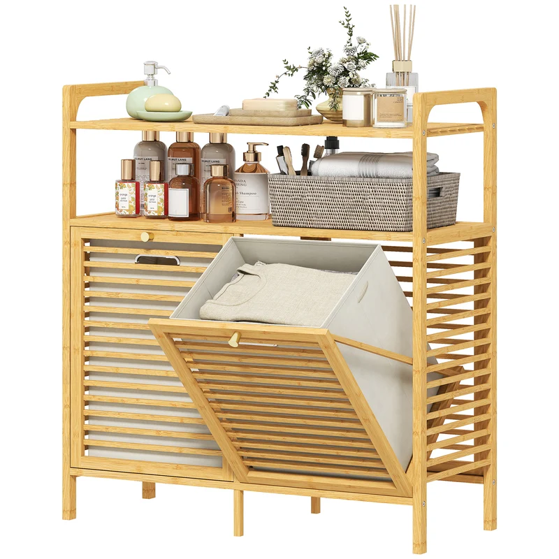 Meuble de salle de bain armoire 82 x 33 x 88 cm 2 paniers 41 l 2 étagères rangement aéré épuré en bambou bois naturel 21_0002112