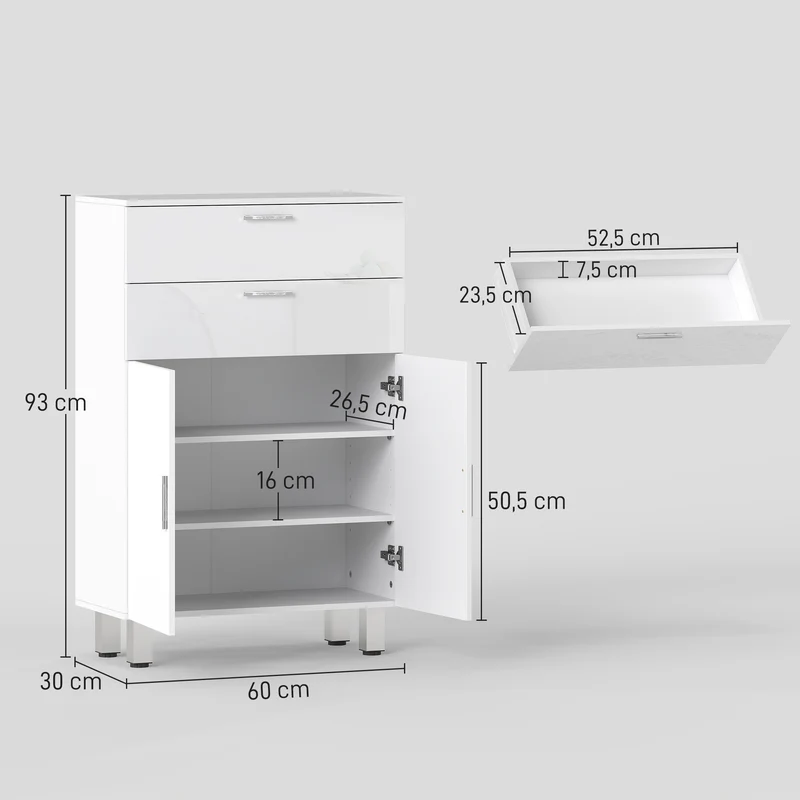 Meuble de salle de bain 60 x 30 x 93 cm 2 tiroirs étagères réglables stable moderne épuré en panneau de particules blanc 21_0001992