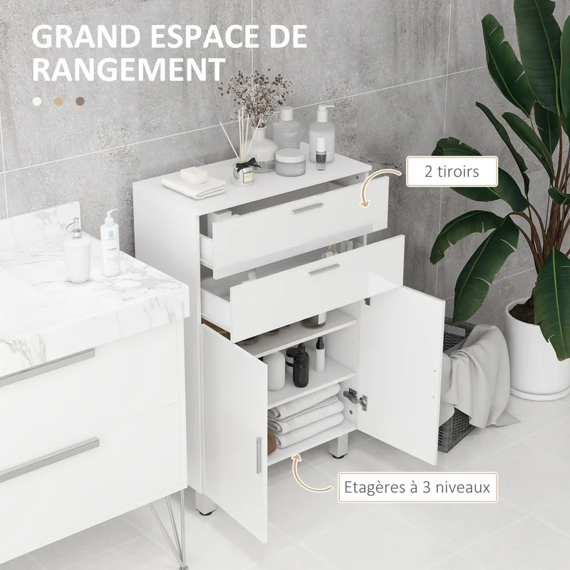 Meuble de salle de bain 60 x 30 x 93 cm 2 tiroirs étagères réglables stable moderne épuré en panneau de particules blanc 21_0001992