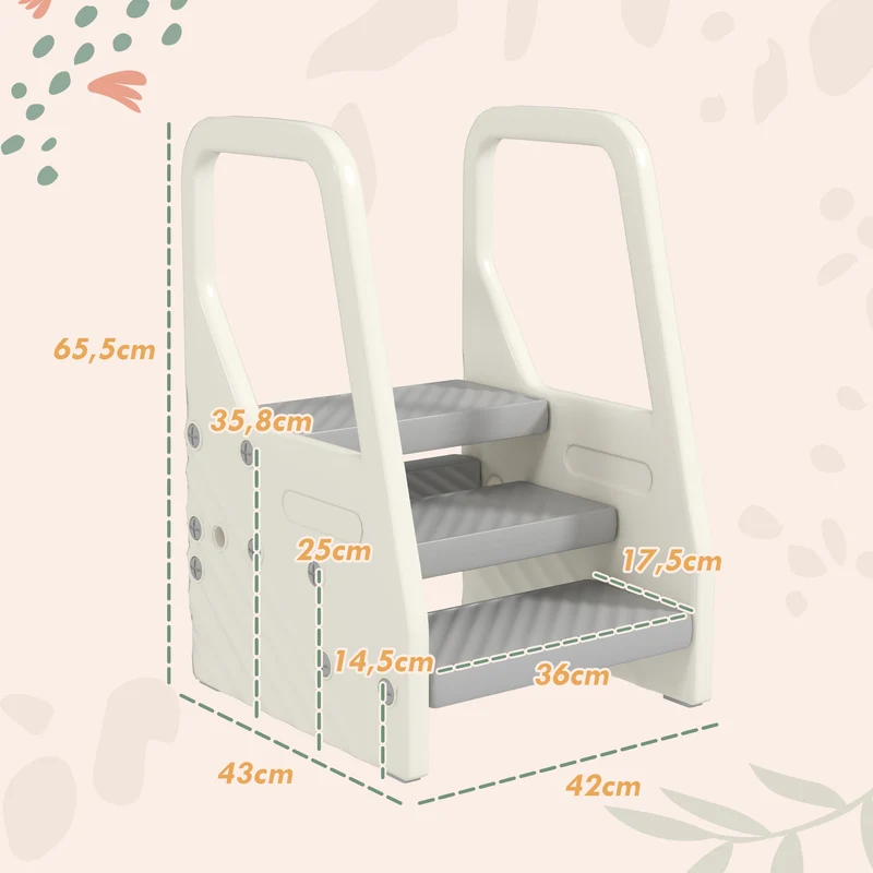 Marchepied enfant escabeau 3 à 2 marches 43 x 42 x 65,5 cm antidérapant hauteur réglable moderne en polyéthylène gris 21_0000264