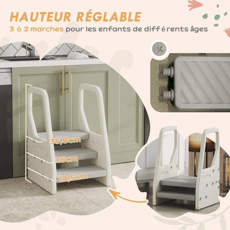 Marchepied enfant escabeau 3 à 2 marches 43 x 42 x 65,5 cm antidérapant hauteur réglable moderne en polyéthylène gris 21_0000264