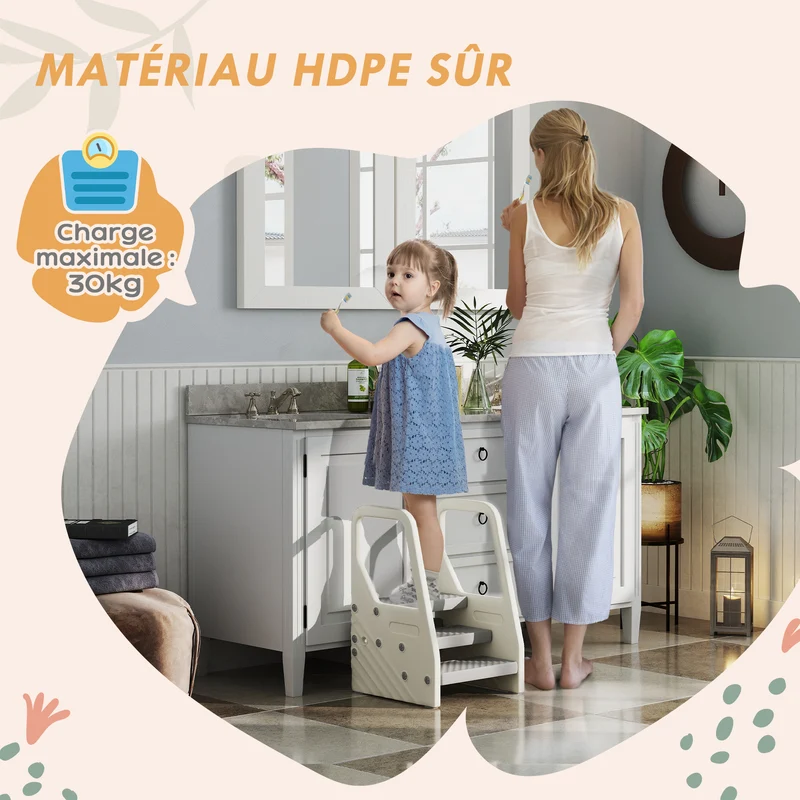 Marchepied enfant escabeau 3 à 2 marches 43 x 42 x 65,5 cm antidérapant hauteur réglable moderne en polyéthylène gris 21_0000264
