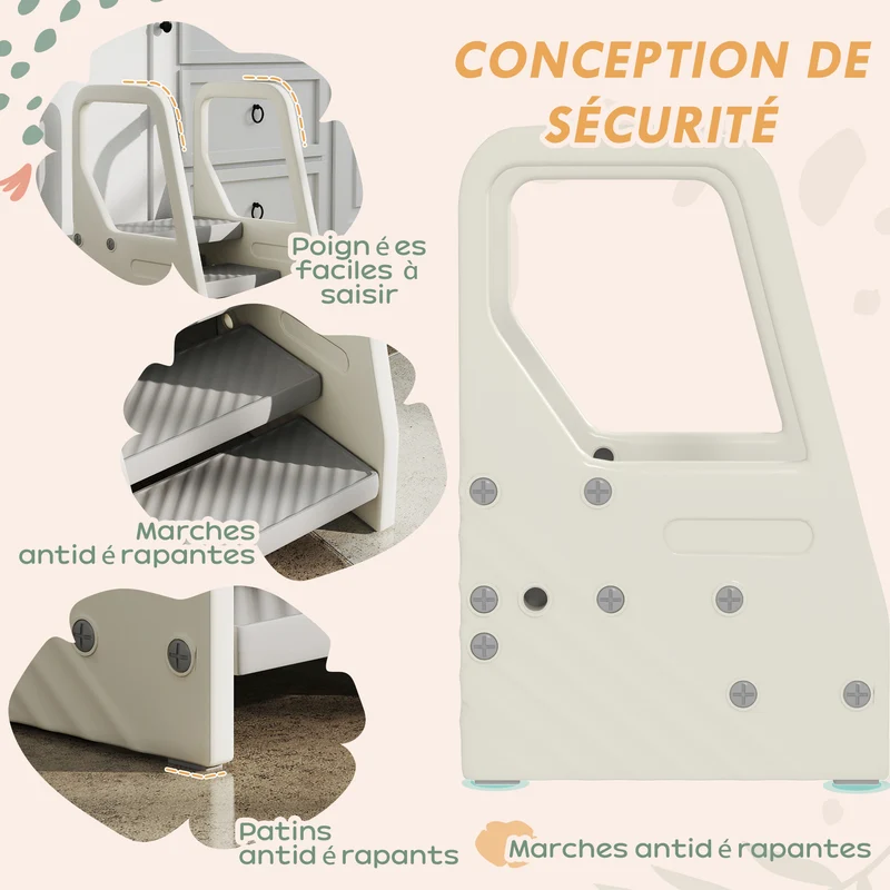 Marchepied enfant escabeau 3 à 2 marches 43 x 42 x 65,5 cm antidérapant hauteur réglable moderne en polyéthylène gris 21_0000264
