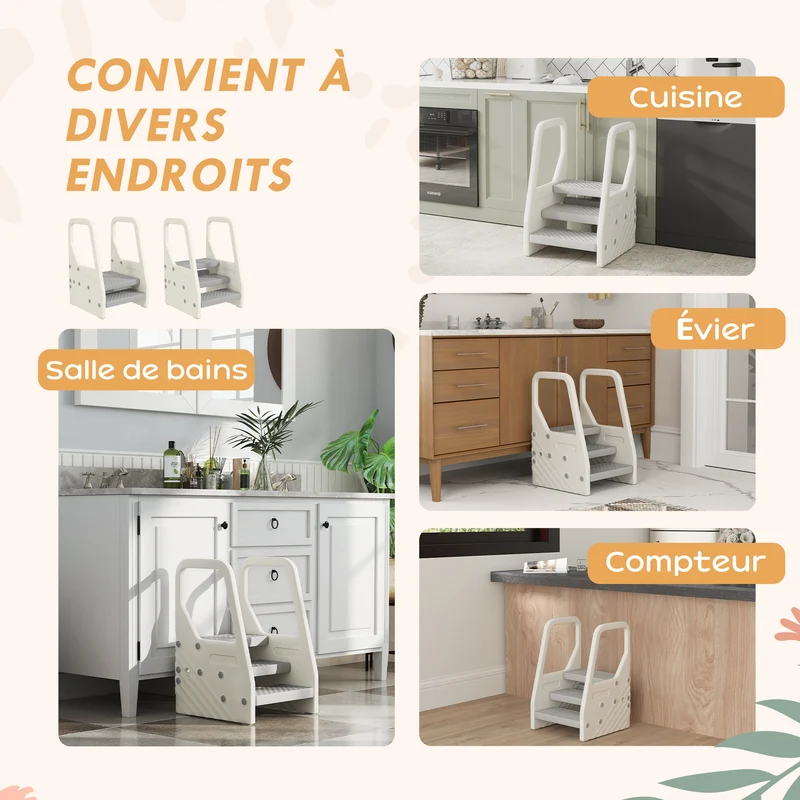 Marchepied enfant escabeau 3 à 2 marches 43 x 42 x 65,5 cm antidérapant hauteur réglable moderne en polyéthylène gris 21_0000264