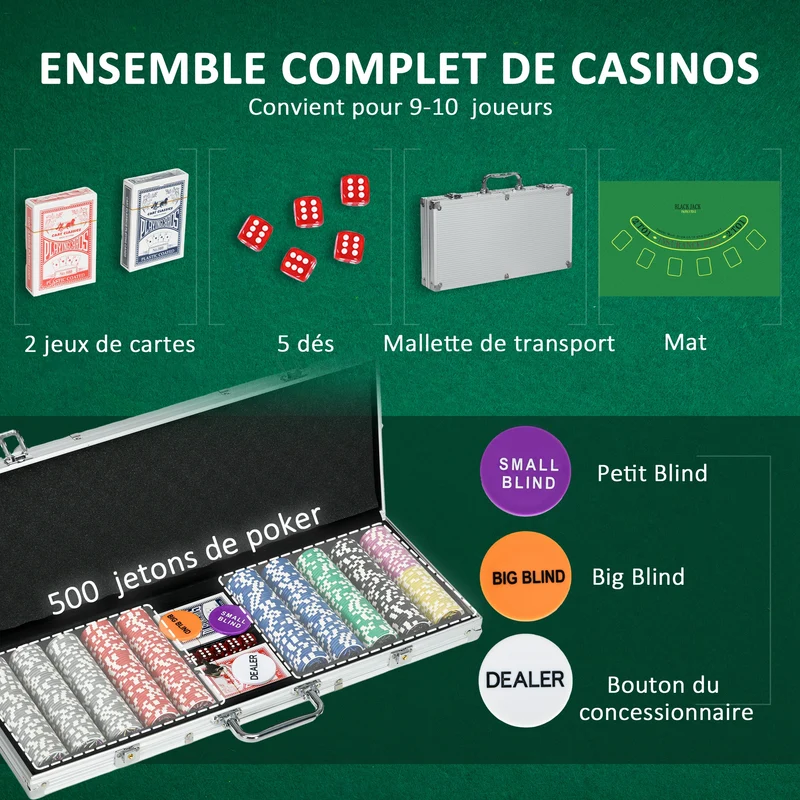 Mallette de poker 56 x 23.5 x 6.5 cm complète avec clés tapis 60 x 90 cm pour 9 joueurs moderne en aluminium argent 21_0006655