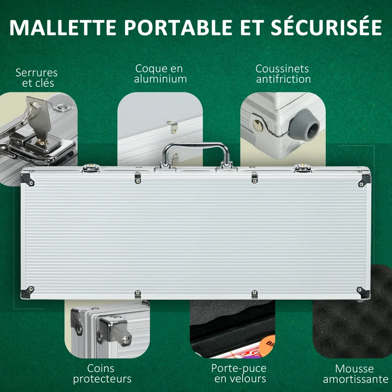 Mallette de poker 56 x 23.5 x 6.5 cm complète avec clés tapis 60 x 90 cm pour 9 joueurs moderne en aluminium argent 21_0006655