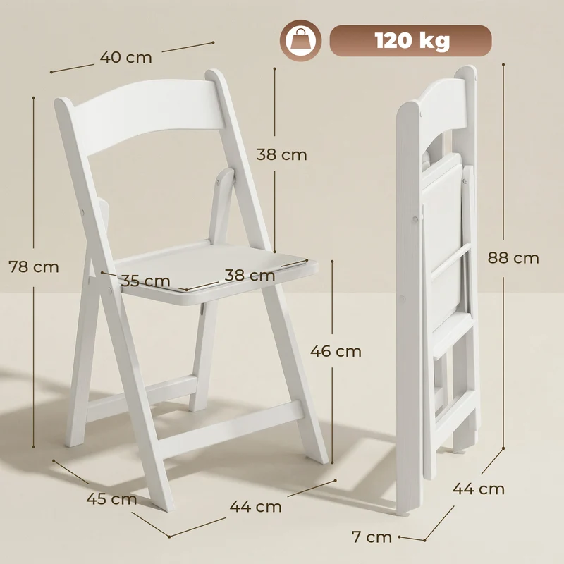 Lot de 4 chaises pliantes 44 x 45 x 78 cm assise rembourrée mousse légère moderne intérieur extérieur en résine blanche 21_0003388