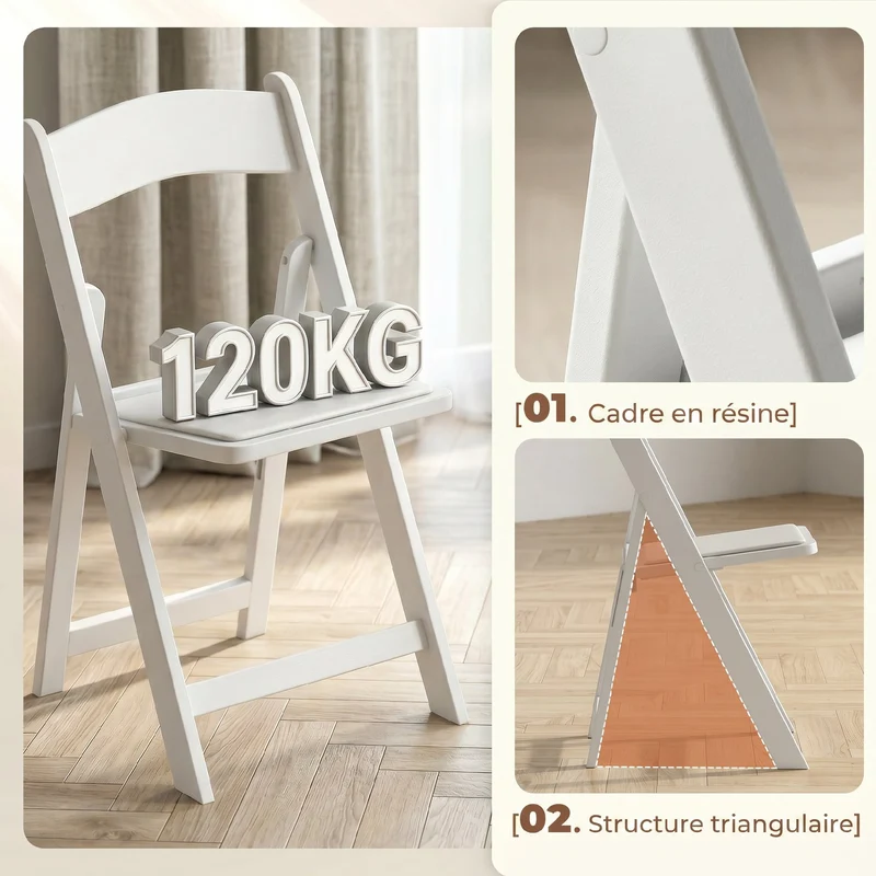 Lot de 4 chaises pliantes 44 x 45 x 78 cm assise rembourrée mousse légère moderne intérieur extérieur en résine blanche 21_0003388