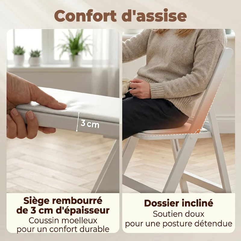 Lot de 4 chaises pliantes 44 x 45 x 78 cm assise rembourrée mousse légère moderne intérieur extérieur en résine blanche 21_0003388