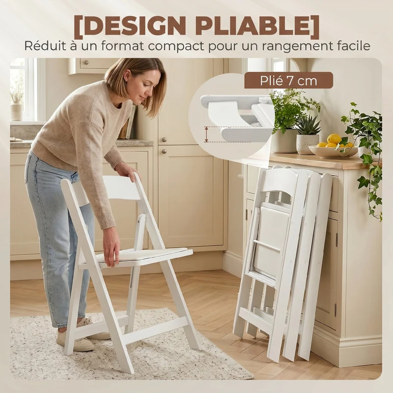 Lot de 4 chaises pliantes 44 x 45 x 78 cm assise rembourrée mousse légère moderne intérieur extérieur en résine blanche 21_0003388