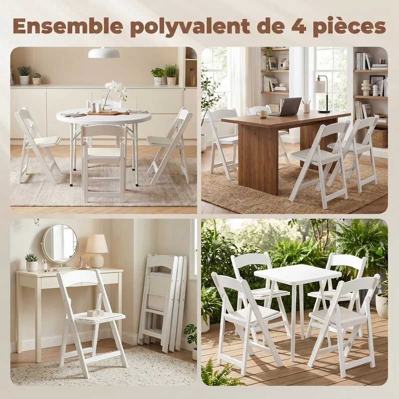 Lot de 4 chaises pliantes 44 x 45 x 78 cm assise rembourrée mousse légère moderne intérieur extérieur en résine blanche 21_0003388
