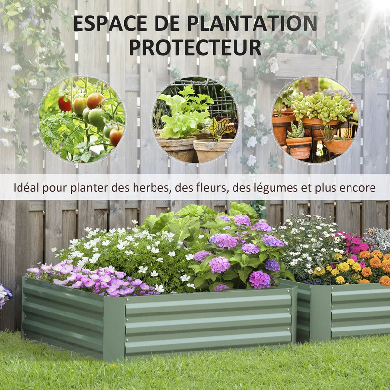Lot de 2 carrés potagers rectangulaires 100 x 100 x 30 cm montage sans outil retient la chaleur moderne en acier vert 21_0004207