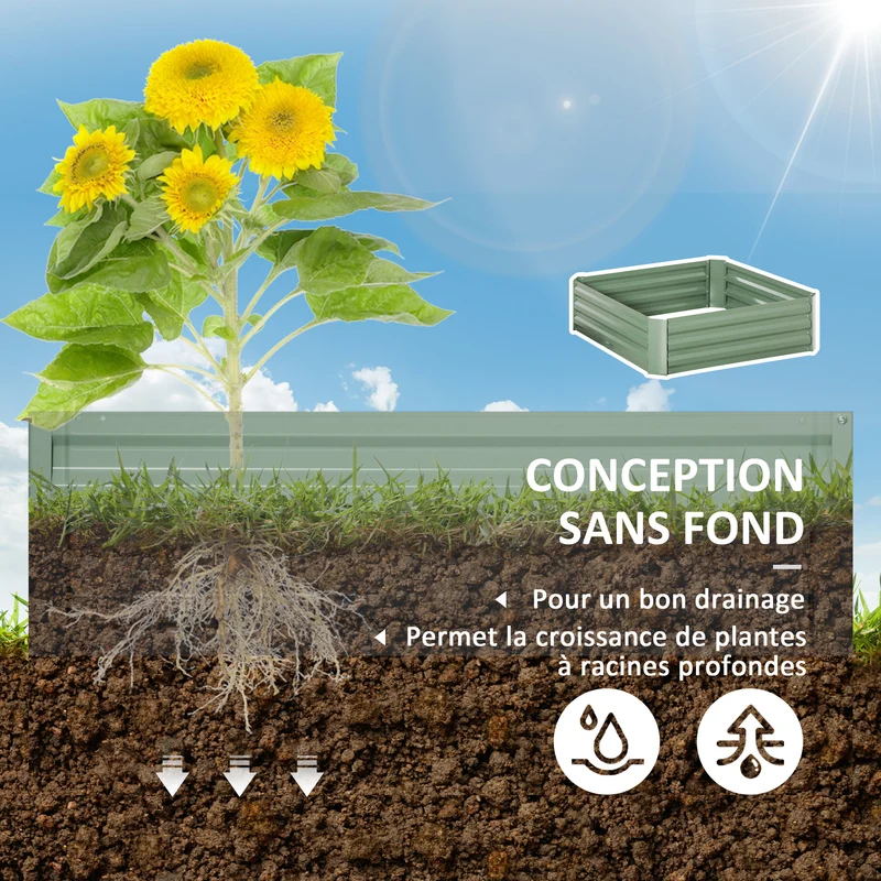 Lot de 2 carrés potagers rectangulaires 100 x 100 x 30 cm montage sans outil retient la chaleur moderne en acier vert 21_0004207