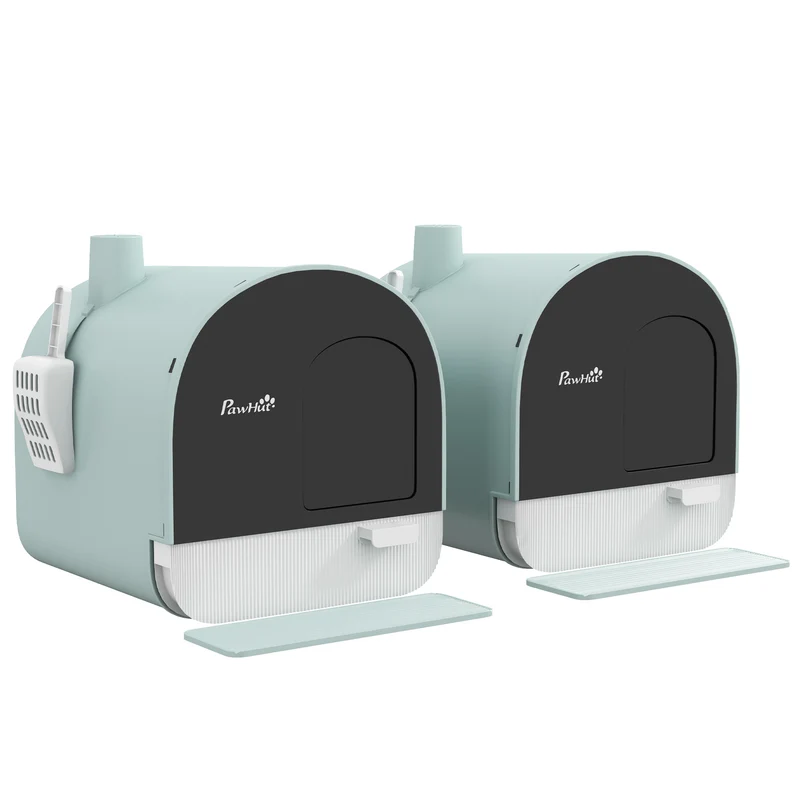 Lot de 2 bacs à litière pour chat intérieur 43 x 44 x 47 cm porte battante entretien facile moderne épuré en PP vert 21_0007816