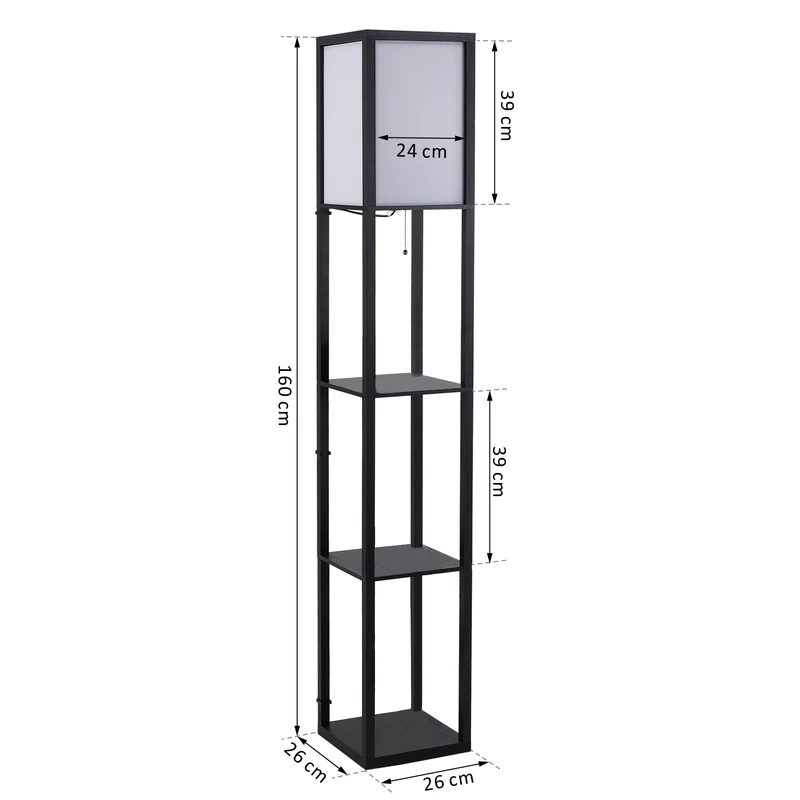 Lampadaire étagère salon 26 x 26 x 160 cm rangement 3 étagères éclairage intégré design contemporain élégant en MDF noir 21_0001744
