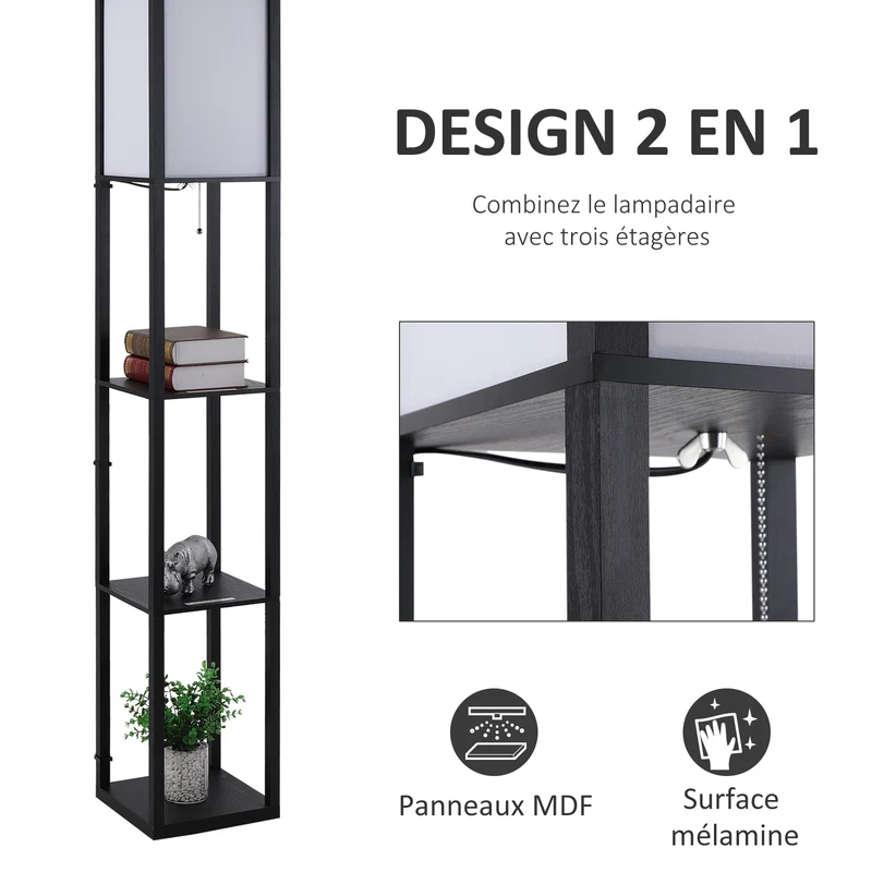 Lampadaire étagère salon 26 x 26 x 160 cm rangement 3 étagères éclairage intégré design contemporain élégant en MDF noir 21_0001744