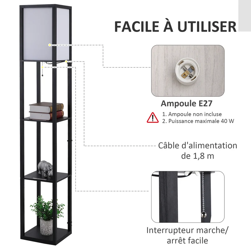 Lampadaire étagère salon 26 x 26 x 160 cm rangement 3 étagères éclairage intégré design contemporain élégant en MDF noir 21_0001744
