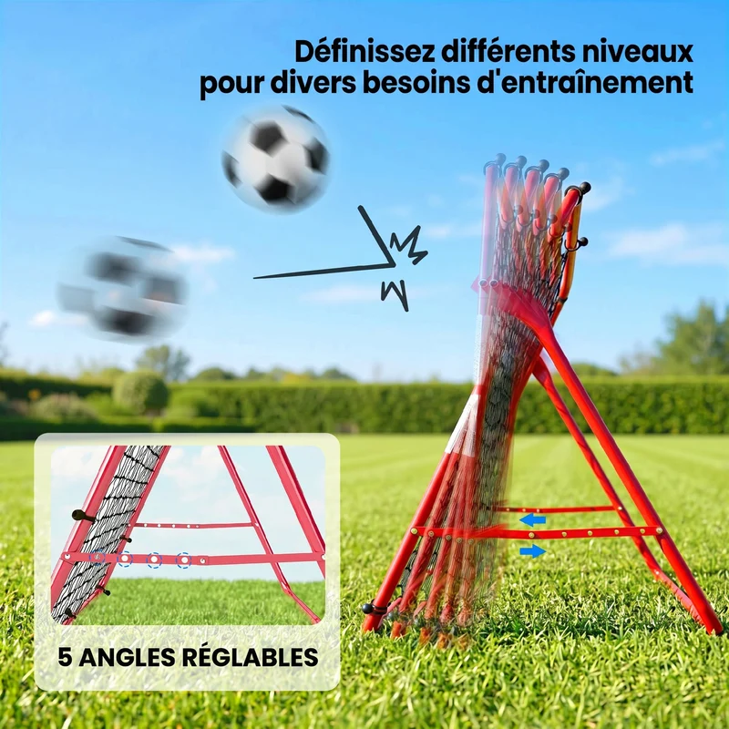 Filet de rebond football portable entraînement 103 x 72 x 89 cm 5 angles réglables cadre robuste moderne en acier rouge 21_0006634