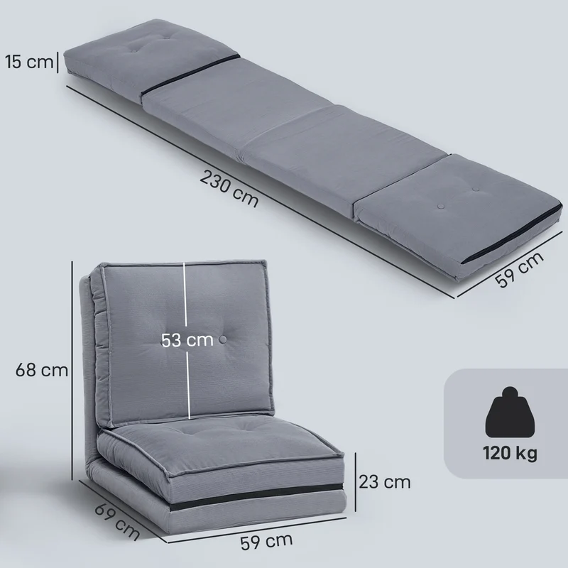 Fauteuil de sol pliable 59 x 230 x 15 cm dossier réglable 5 positions assise large douce moderne en velours côtelé gris 21_0003631
