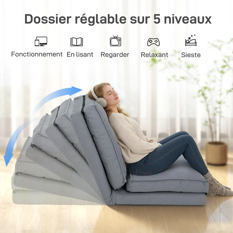 Fauteuil de sol pliable 59 x 230 x 15 cm dossier réglable 5 positions assise large douce moderne en velours côtelé gris 21_0003631