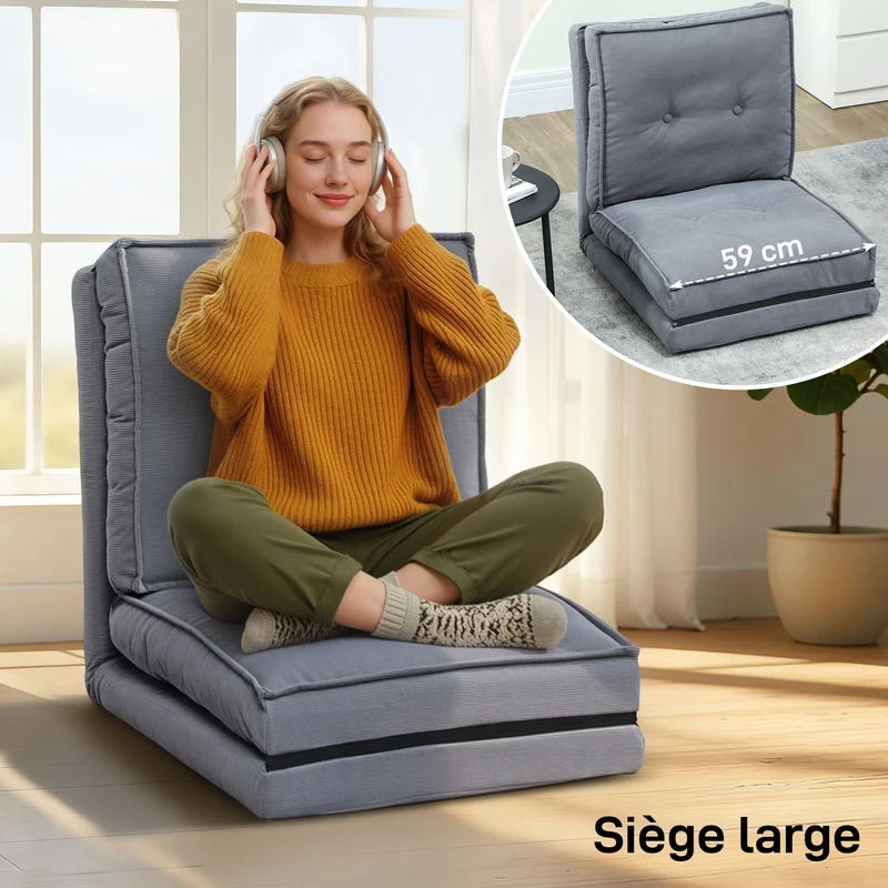 Fauteuil de sol pliable 59 x 230 x 15 cm dossier réglable 5 positions assise large douce moderne en velours côtelé gris 21_0003631