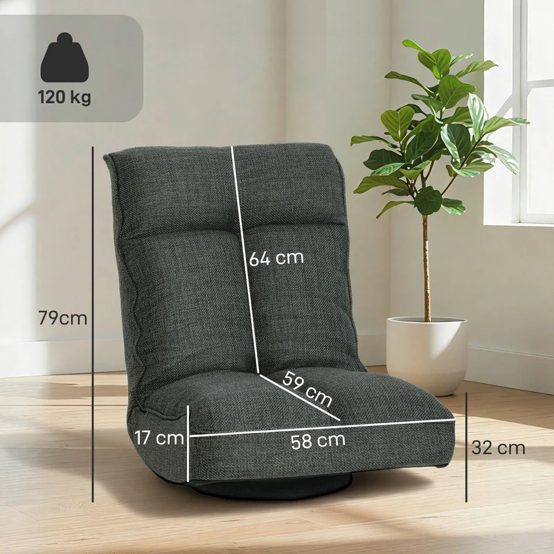 Fauteuil de sol pivotant 360° 58 x 107 x 79 cm assise épaisse dossier 5 positions pliable contemporain salon en lin gris 21_0003632