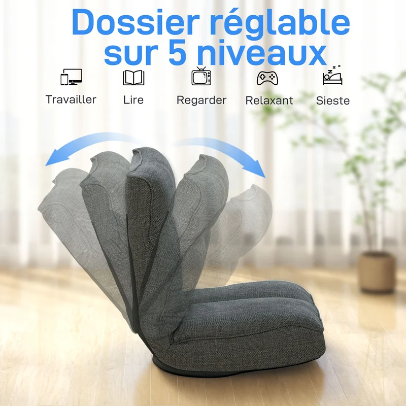 Fauteuil de sol pivotant 360° 58 x 107 x 79 cm assise épaisse dossier 5 positions pliable contemporain salon en lin gris 21_0003632