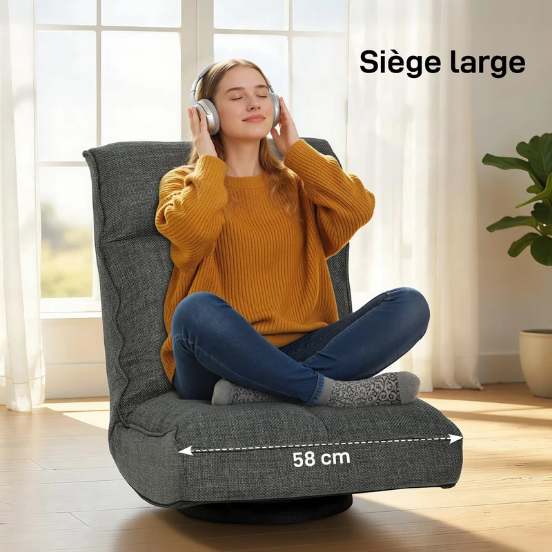Fauteuil de sol pivotant 360° 58 x 107 x 79 cm assise épaisse dossier 5 positions pliable contemporain salon en lin gris 21_0003632