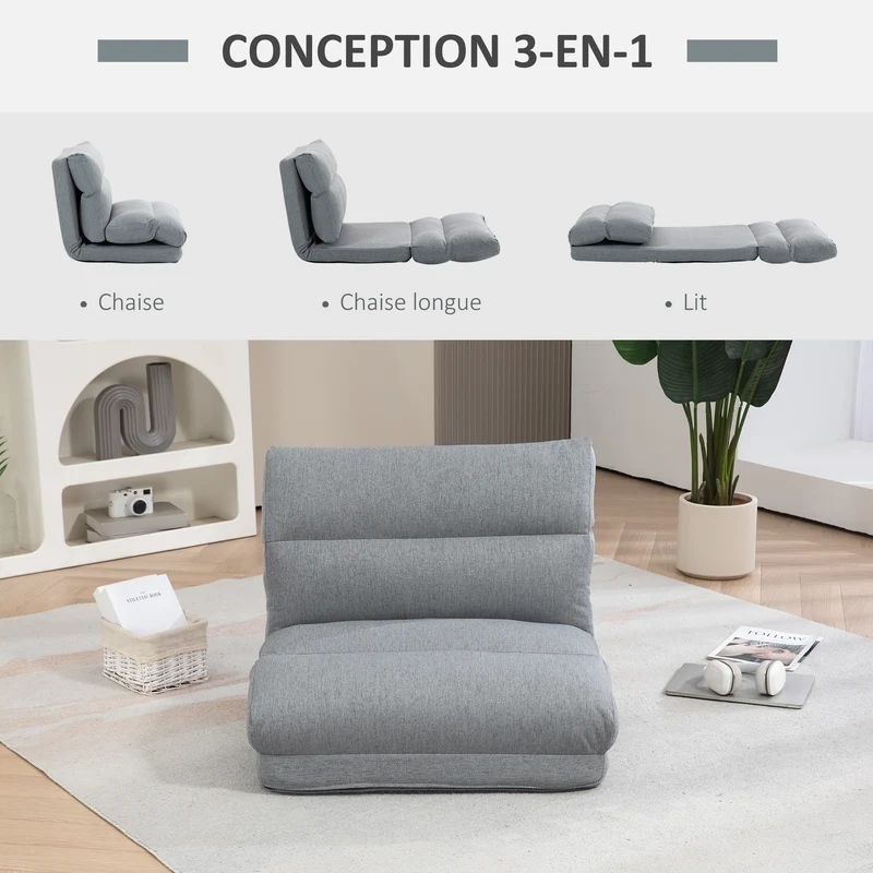 Fauteuil de sol convertible 70 x 72 x 56 cm dossier réglable 5 positions assise 16 cm confort mousse épuré en tissu gris 21_0003178