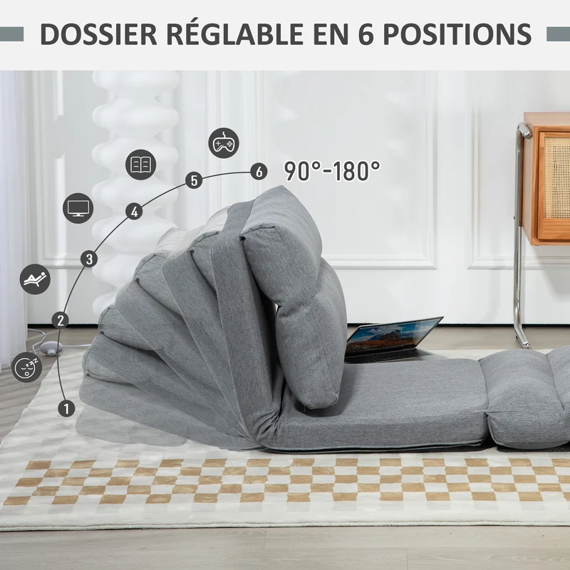 Fauteuil de sol convertible 70 x 72 x 56 cm dossier réglable 5 positions assise 16 cm confort mousse épuré en tissu gris 21_0003178