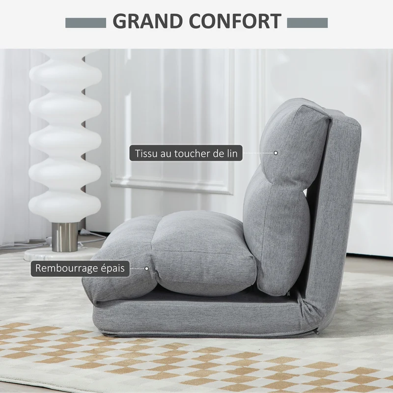 Fauteuil de sol convertible 70 x 72 x 56 cm dossier réglable 5 positions assise 16 cm confort mousse épuré en tissu gris 21_0003178