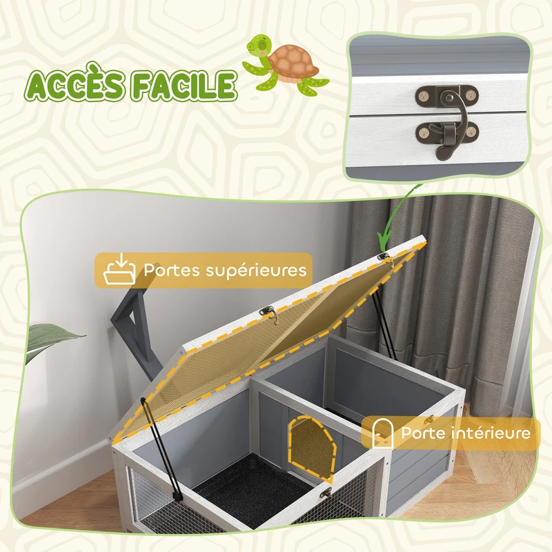 Enclos maison pour tortue support lampe plateaux coulissants 81 x 48 x 31,5 cm contemporain en bois de sapin gris clair 21_0007850