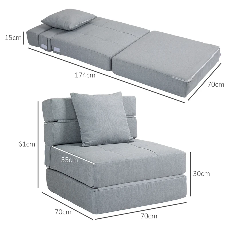 Chauffeuse convertible canapé lit 70 x 70 x 61 cm housse amovible lavable moderne minimaliste en polyester gris clair 21_0003009