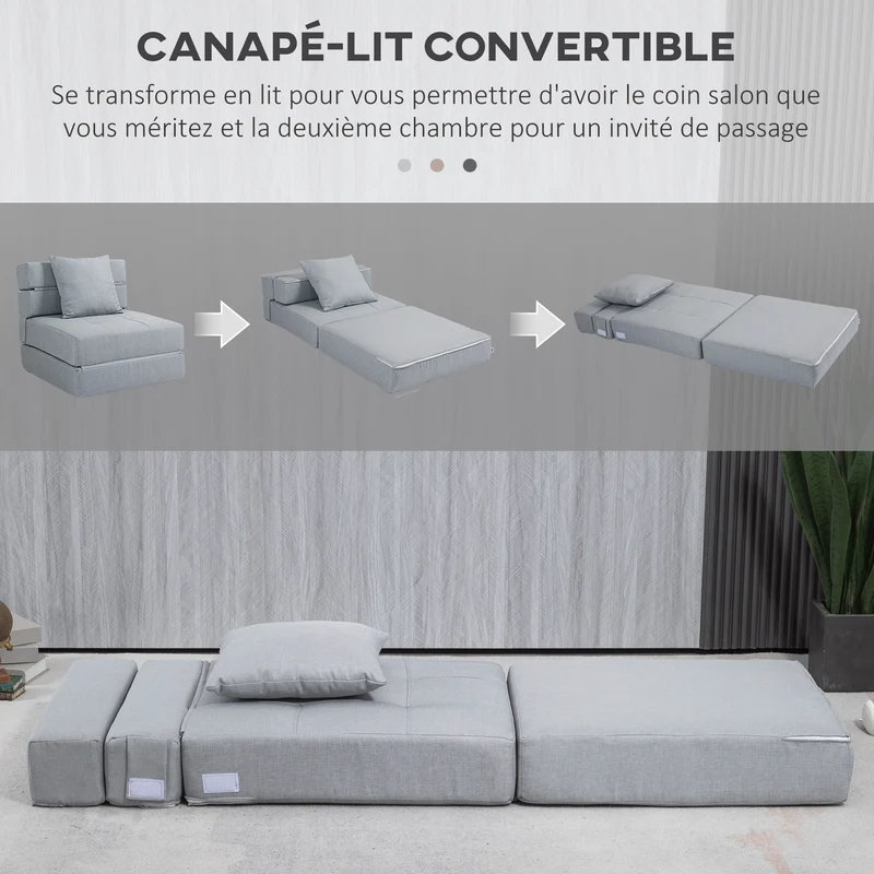 Chauffeuse convertible canapé lit 70 x 70 x 61 cm housse amovible lavable moderne minimaliste en polyester gris clair 21_0003009