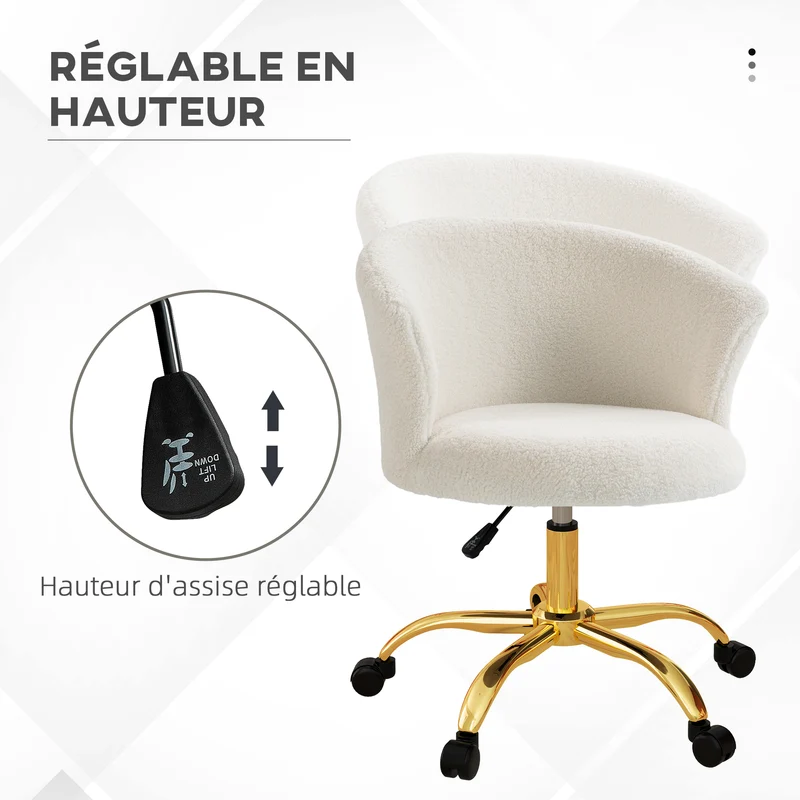 Chaise de bureau pivotante 58 x 56 x 68-76 cm assise rembourrée soutien lombaire style moderne cosy en polyester blanc 21_0006252