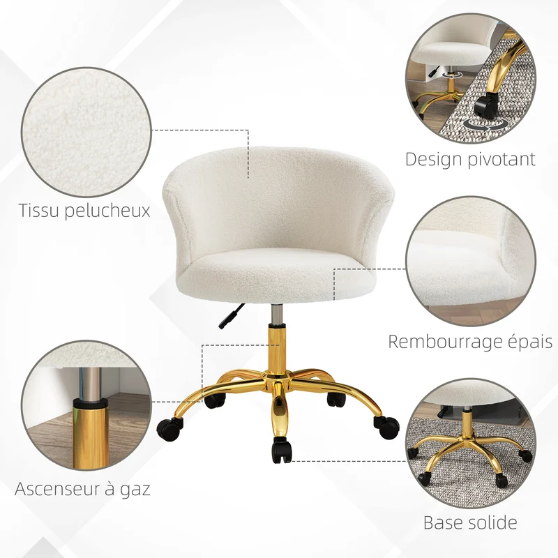 Chaise de bureau pivotante 58 x 56 x 68-76 cm assise rembourrée soutien lombaire style moderne cosy en polyester blanc 21_0006252