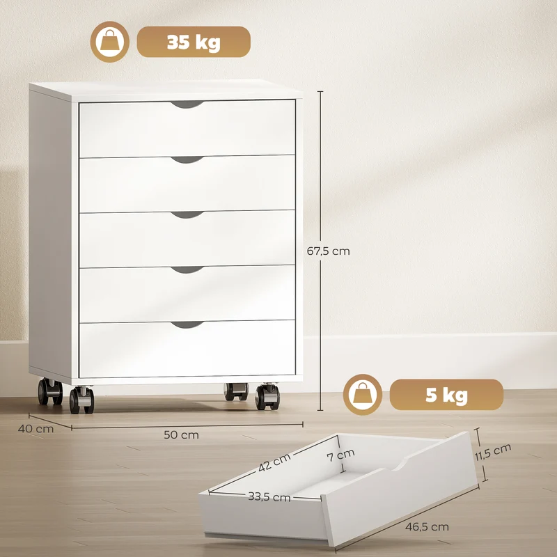 Caisson de bureau mobile 50 x 40 x 68 cm 5 tiroirs rangement idéal pour dossiers a3 roulettes moderne épuré en MDF blanc 21_0006408