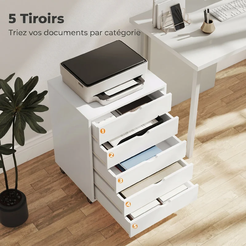 Caisson de bureau mobile 50 x 40 x 68 cm 5 tiroirs rangement idéal pour dossiers a3 roulettes moderne épuré en MDF blanc 21_0006408