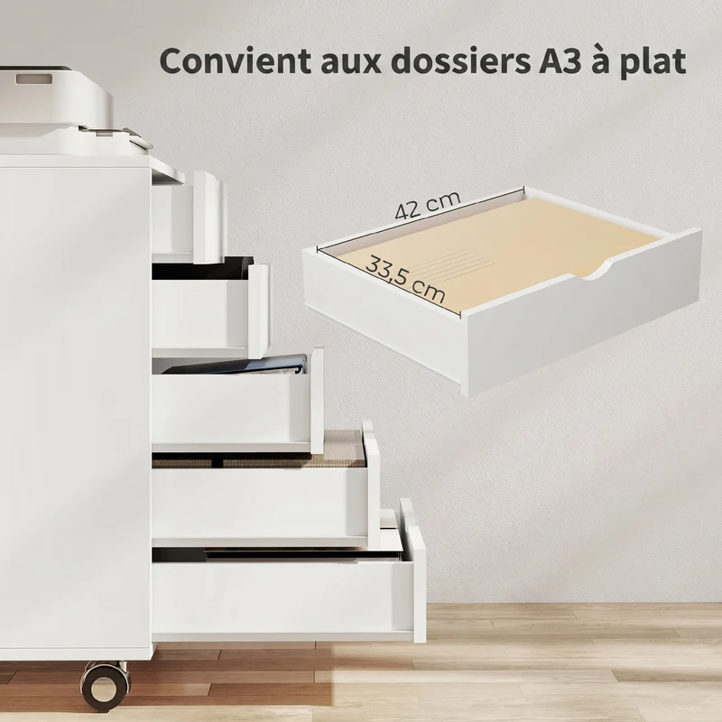 Caisson de bureau mobile 50 x 40 x 68 cm 5 tiroirs rangement idéal pour dossiers a3 roulettes moderne épuré en MDF blanc 21_0006408
